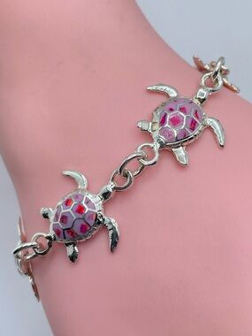 Vintage Taxco  Pink Opal Turtle Bracelet Silver Enamel Link Statement Cute